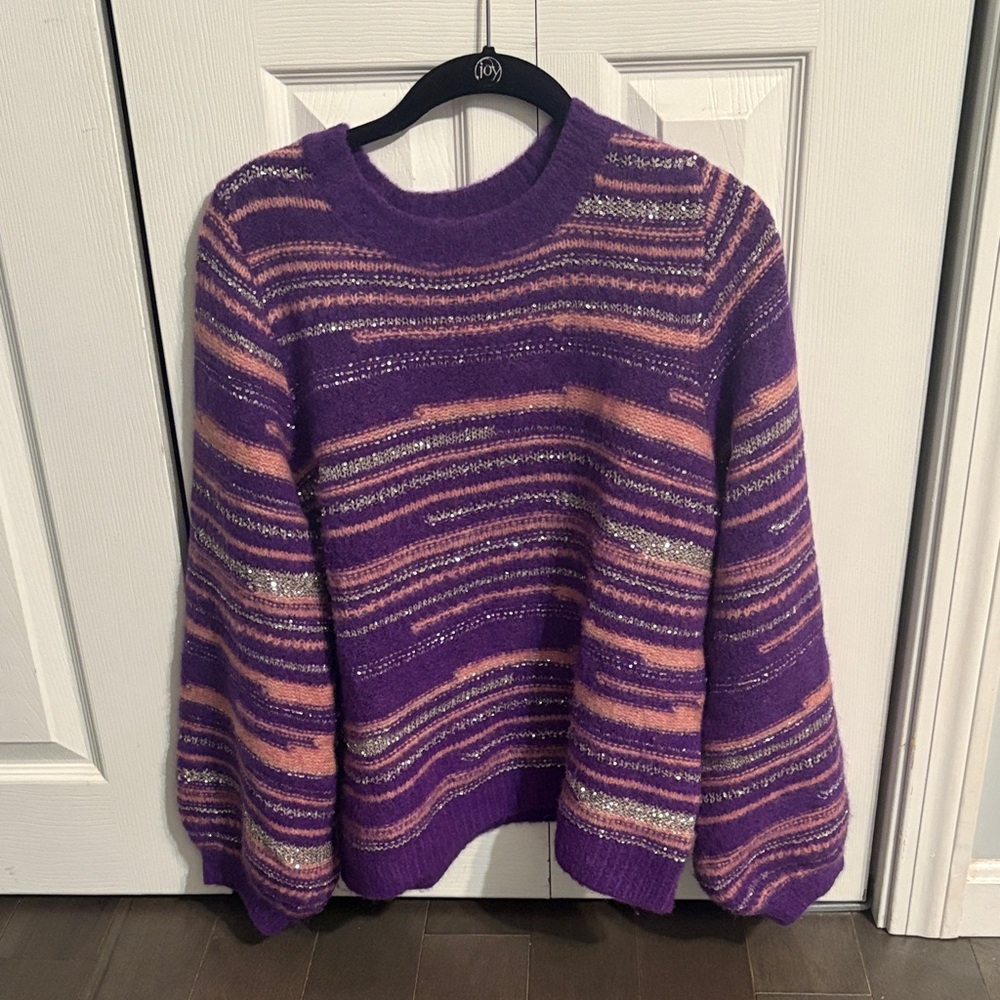 Sezane Purple and Pink Striped glitter sequin Sweater